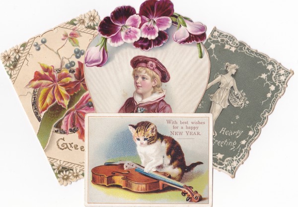 Selection of nineteenth century greeting cards. For sale at May 2014 fair, MPN Stamps.