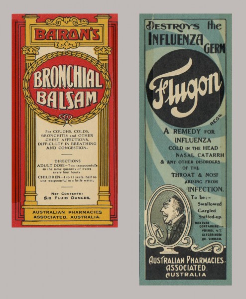Two products directed to the winter illnesses' market. Baron's label, circa 1930s-40s, 9.5 x 4.5 cm. Flugon label, circa 1920s-30s, 12 x 4.5 cm. Collection of Andrew H.