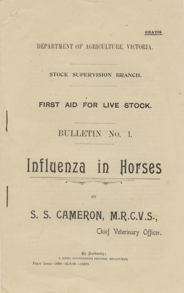 Influenza in horses. Stapled pamphlet, 1908. Collection of Andrew H.