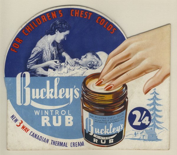 Point of sale advertising for the short lived competitor for Vicks Vaporub. Circa 1940s. 25 x 28 cm. Collection of Andrew H.