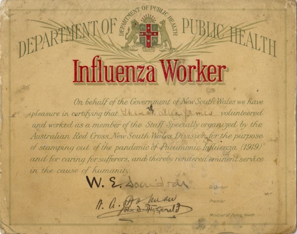 NSW certificate acknowledging volunteer work during the 1919 influenza epidemic. 18.5 x 23.5 cm. Collection of Andrew H.