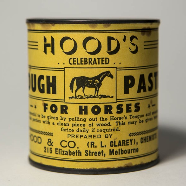 Hood's Cough paste for horses. Tin,8 cm x 7.2 cm, paper label around tin, missing lid. Collection of Andrew H.