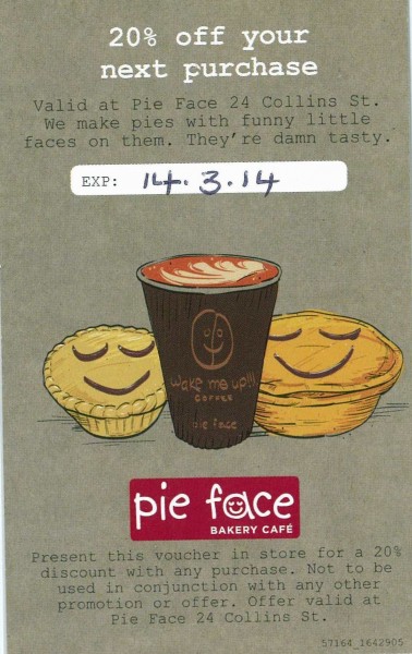 Loyalty card for pie franchise. 2014. Collection of Mandy B.