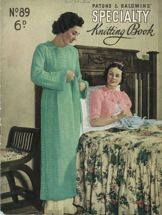 Lovely full colour cover showing a huge knitting project (full length dressing gown). Patons & Baldwin knitting book No. 89. Collection of Andrew H.