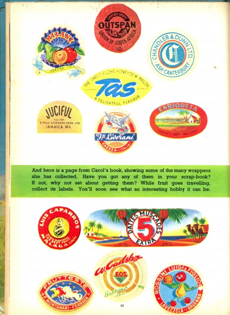 Extract from Girls' Crystal Annual 1964, showing a selection of fruit stickers. Collection of Annette Shiell.