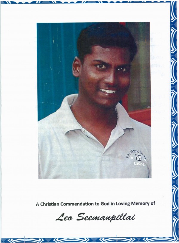 Funeral programme for Leo Seemanpillai. Folded brochure. Full colour cover and colour border. In English and Tamil. 21 x 15 cm. June 2014. Collection of Mandy B.