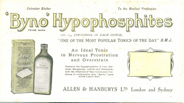 'Byno' Hypophosphites, blotter, 10.5 x 18 cm. Circa 1940s. Collection of Andrew H.