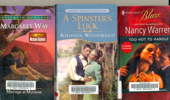 Selection of loving couples' covers from the Romance section of the Yarra Libraries, Richmond branch.