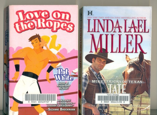 Selection of covers showing men on romance  paperback novels from the Yarra Libraries, Richmond Branch.
