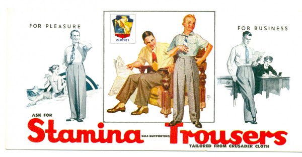 'Ask for Stamina self-supporting trousers', blotter, circa 1950s, 9.5 x 20 cm. Collection of Andrew H.