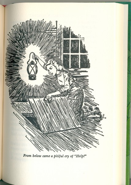 'From below came a pitiful cry of "Help!"', illustration (facing page 116) from Nancy Drew mystery stories: the Bungalow Mystery, Grosset & Dunlap reprint 2014. 19 x 12.5 cm. Collection of Jane MB.