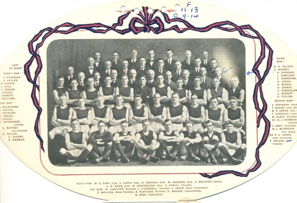 Photograph of premiership team including coaching and other staff. Inside page of Souvenir Card.