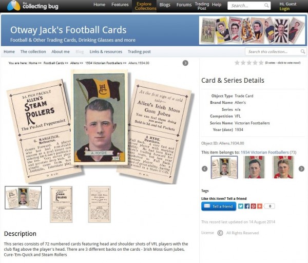 An individual football card with details and multiple photographs.