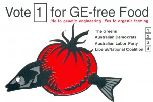 'Vote for GE-free food' from the GeneEthics Network, 10 x 15 cm, 1998. Collection of Mandy B.