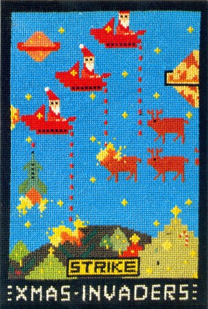 'Strike: Xmas invaders', concept by James McGrath, needle point by Diana Cummings, produced by Cozzolino Ellett, 17.5 x 11.5 cm, 1983.