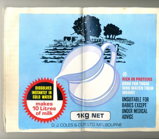 [Instant non fat skim milk powder], packaging, 1977. Collection of Ian B.
