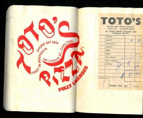 'Toto's: the first pizza house in Australia' part of a serviette and a bill, 1977. Collection of Ian B.
