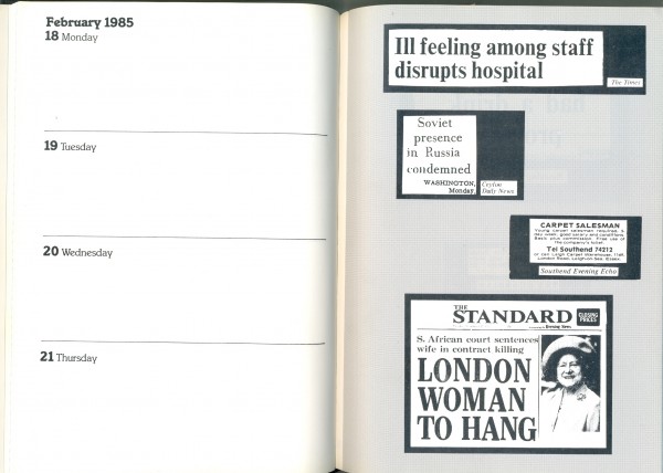 Page for February 1985, 'Private Eye Diary 1985', Collins, Glasgow, 1984, 21.5 x 15 cm. Collection of Richard Felix.