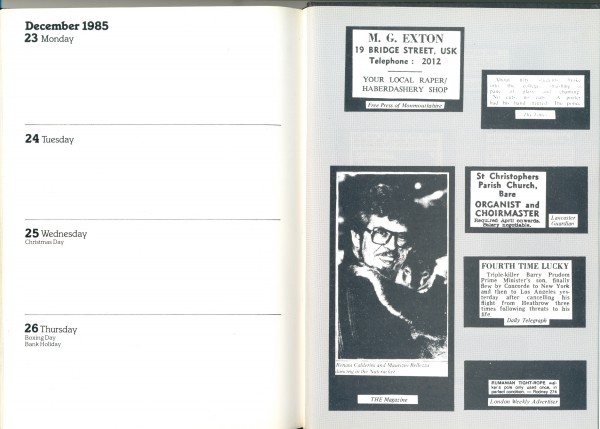 December week page from 'Private Eye Diary 1985', Collins, Glasgow, 1984, 21.5 x 15 cm. Collection of Richard Felix.