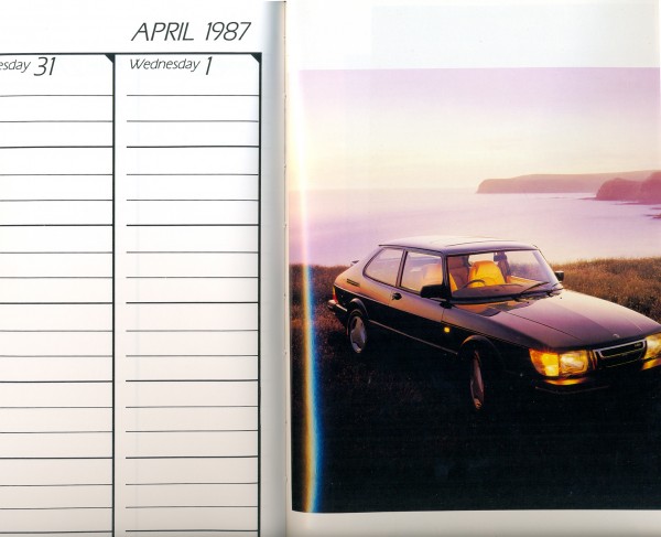 Extract form page for April including photograph of car on cliff top, 'Wizards of Oz Diary 1987', Armadillo Publishers, Fitzroy North, 26 x 19.5 cm. Collection of Richard Felix.