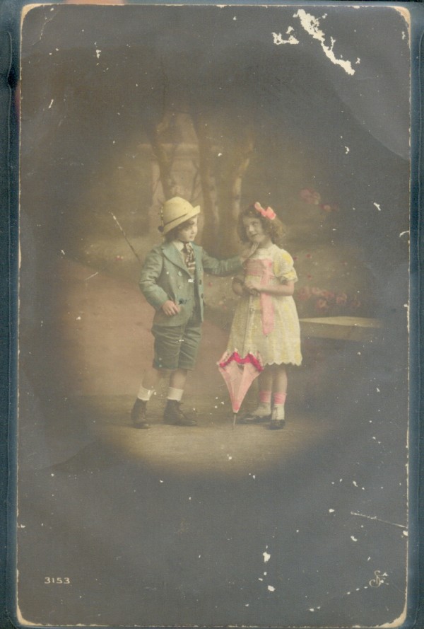 [Boy & girl with umbrella],  14 x 8.5 cm, circa 1917. Collection of K. Houston.