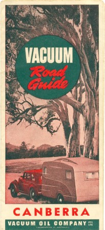 'Vacuum Road Guide: Canberra', published by  Vacuum Oil Company, 1946. Folded map, 18.5 x 8 cm, 38 x 24 cm (unfolded). Collection of Mandy Bede.