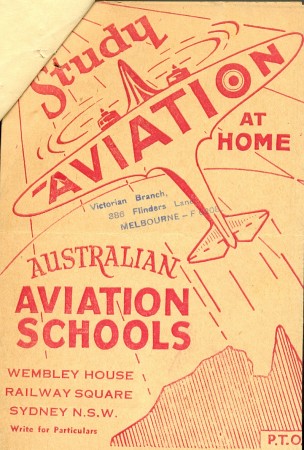 Study aviation at home from Australian School of Radio Engineering, Sydney, flyer, 15 x 10 cm. Collection of Brian Watson.