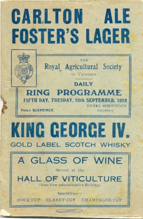 Daily Ring Programme, Fifth Day, Tuesday, 25th September, 1928, the Royal Agricultural Society of Victoria, stapled pamphlet, 18.5 x 12.5 cm, 1928. Collection of Brian Watson.