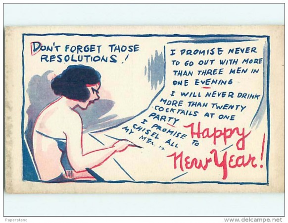 Postcard thought to be pre1952, woman in bikini makes some rather (im)modest resolutions.