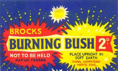 Label for Brock's Burning Bush Fireworks.