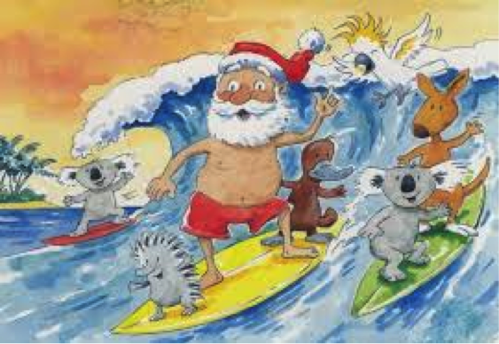[Surfing Santa and marsupial mates on boards], circa 2013.