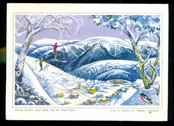The Ski Village, Falls Creek, and MT. Spion Kopje, greeting card, 14x19.5cm. Collection of Mandy Bede