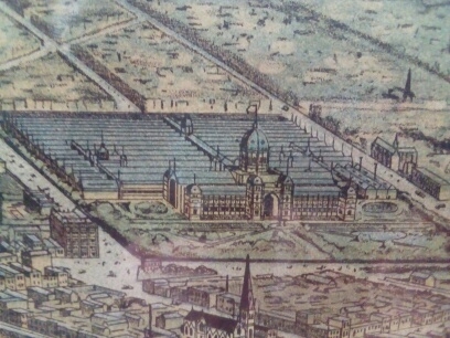 Section of the panoramic view showing the exhibition building with very extensive sheds to the rear, 1888. Collection of PW.