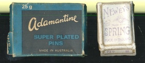 Tiny boxes of pins, some made in Australia. From the collection of DP.
