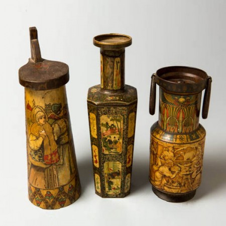 Russian drinking urn, Chinese vase and Tutankhamen biscuit tins. Collection of JK.