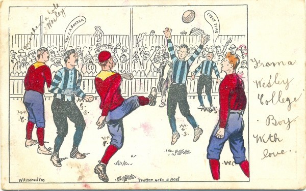 Football game between Wesley College and M.G.S. [Melbourne Grammar School], postcard, pre 1905. Collection of EP.