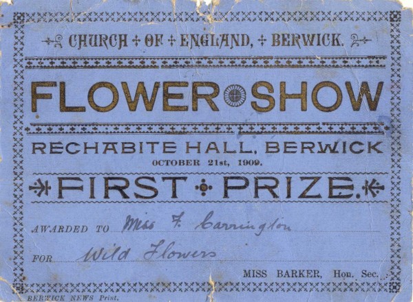 ‘Church of England, Berwick. / flower show / Rechabite Hall, Berwick / October 21st, 1909. / first prize. / Awarded to Miss F. Carrington / For Wild Flowers / Miss Barker Hon. Sec.’, Berwick News Print, [Berwick, Vic., 1909]
