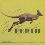 1961 Qantas travel sticker for Perth, Australia showing a kangaroo hopping